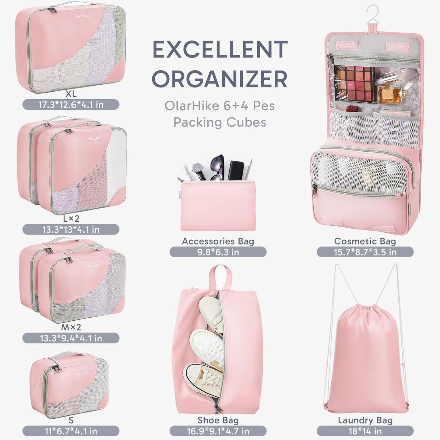 ALL INCLUDED 10 Set Durable Packing Cubes for Suitcases,OlarHike Essentials for Travel, UPGRADED Anti-Tear Stitching, NEW Improved Luggage Packing Organizers for Travel Accessories (Pink)