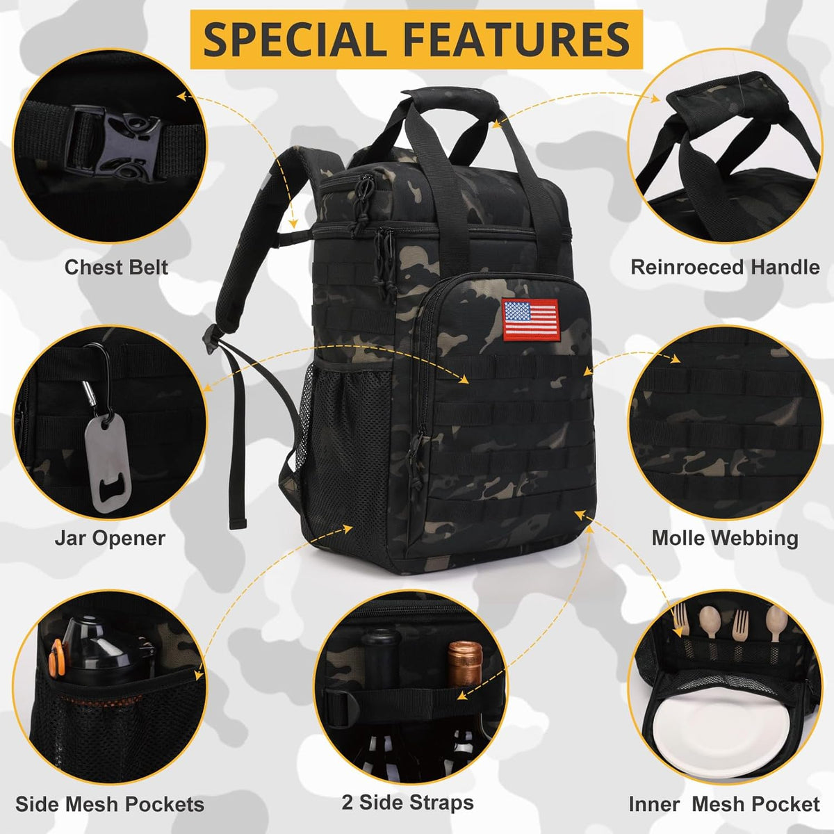 Tactical Backpack Cooler,Lunch Backpack for Men Adults Work with Handle，Soft Cooler Backpack Insulated Waterproof Leak Proof