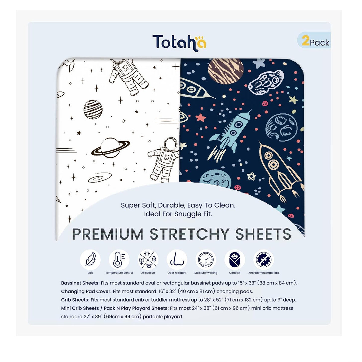 TotAha Premium Soft Space Pack n Play Sheets, Super Stretchy Jersey Knit Mini Crib Sheets Fitted, Silky Comfort Graco Pack and Play Mattress Sheets, 2 Pack
