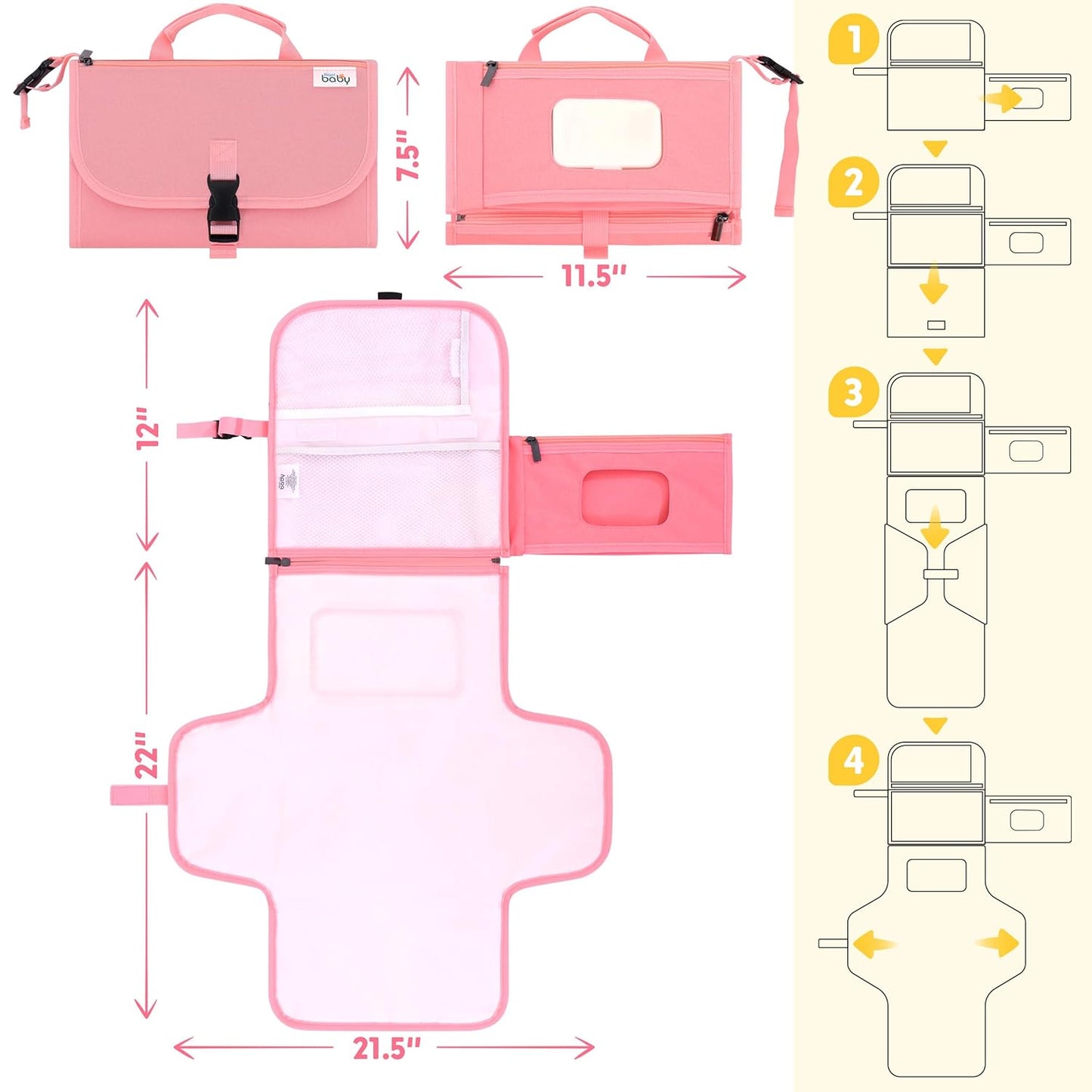 Kopi Baby Portable Diaper Changing Pad - Baby Diaper Changer Travel Bag with Wipes Pocket, Smart Design Portable Changing Mat, Infant Travel Station Kit, Gift for Newborn Girl & Boy - Pink, Classic