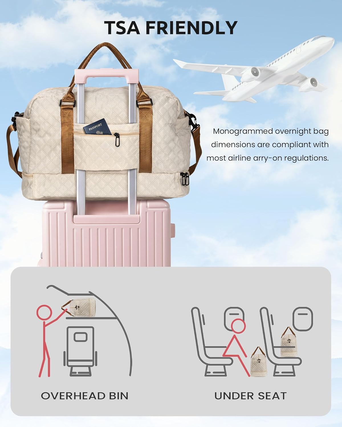 Initial Duffle Travel Bag, Personalized Weekender Bag with Shoulder Strap, Monogram Overnight Bag for Women Wet Pocket, Letter Travel Bag with Makeup Bag Gifts for Friends Female (Letter W)