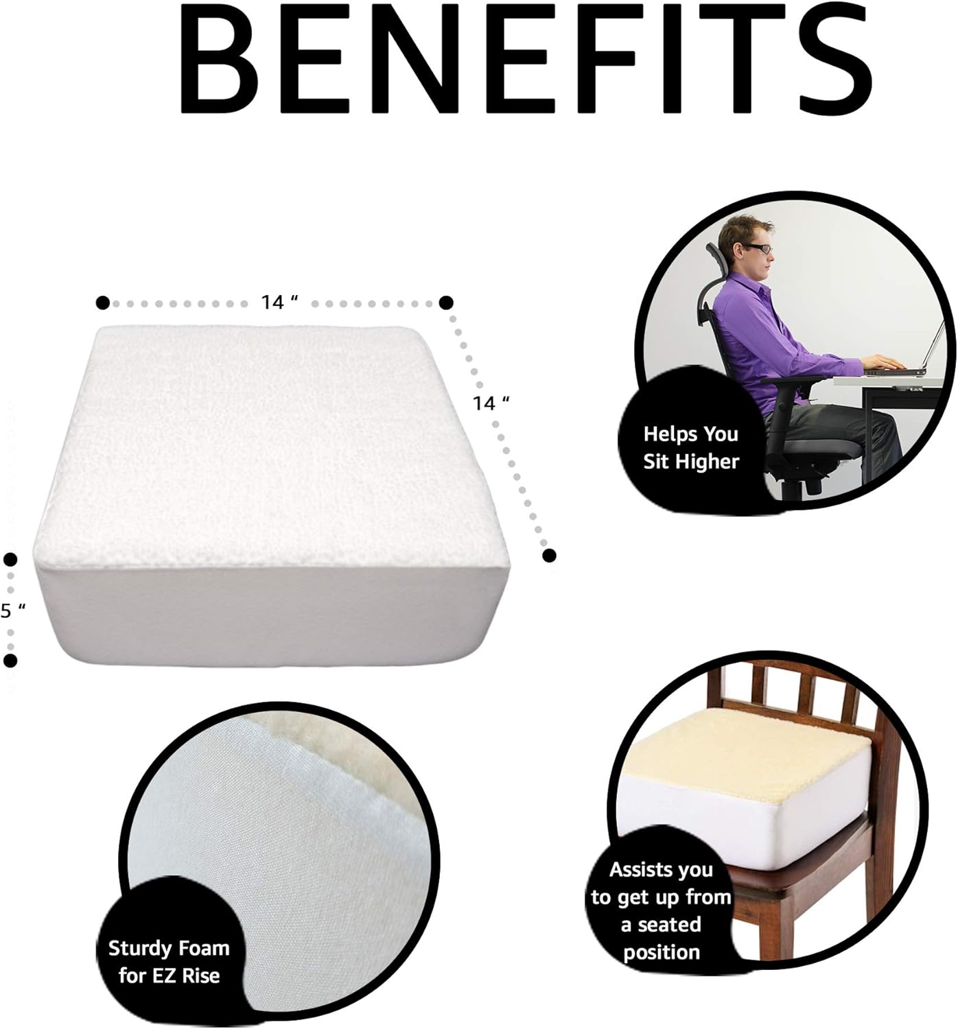 Comfort Finds Rise with Ease Seat Cushion - Thick Firm Chair Cushion Booster - Extra Thick Foam Pad for Home, Patio, Office and Car Seats - Extra Supportive Lift - 14 X 14 X 5 (Sherpa Cream)