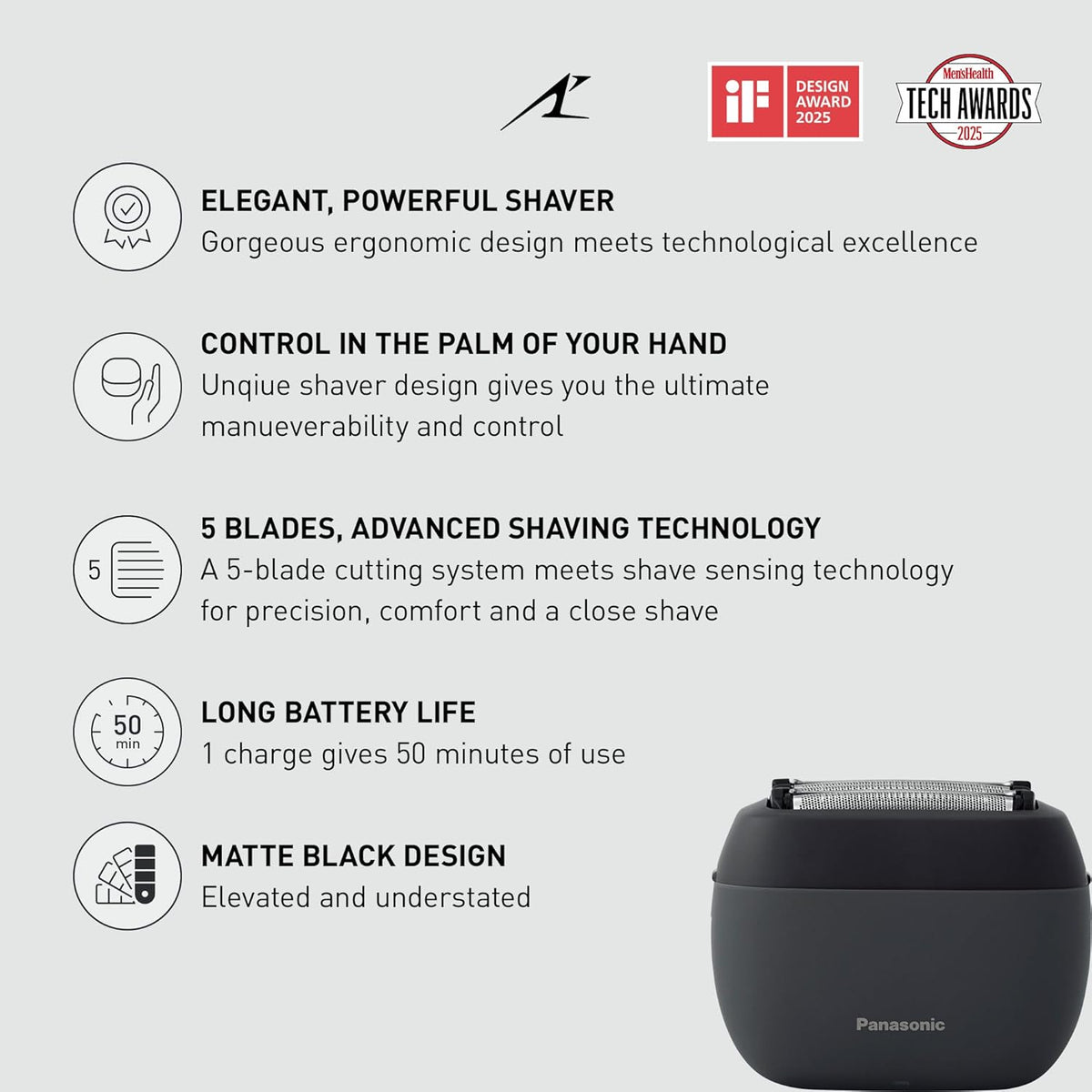Panasonic ARC5 Palm-Sized Razor, Handheld Luxury Compact Travel Shaver with 5-Blade Cutting System and USB-C Charging, Wet/Dry - ES-PV3A-K