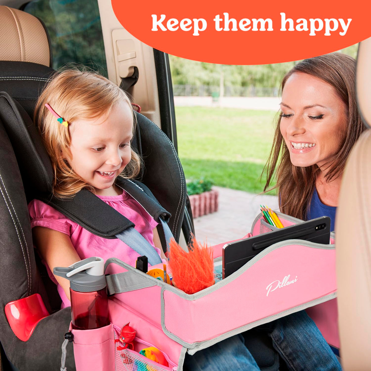 PILLANI Kids Travel Tray for Car - Car Seat Tray for Kids Travel, Road Trip Essentials, Carseat Table for Roadtrip Activities - Must Have Toddler Lap Desk Organizer for Airplane - Car Accessories