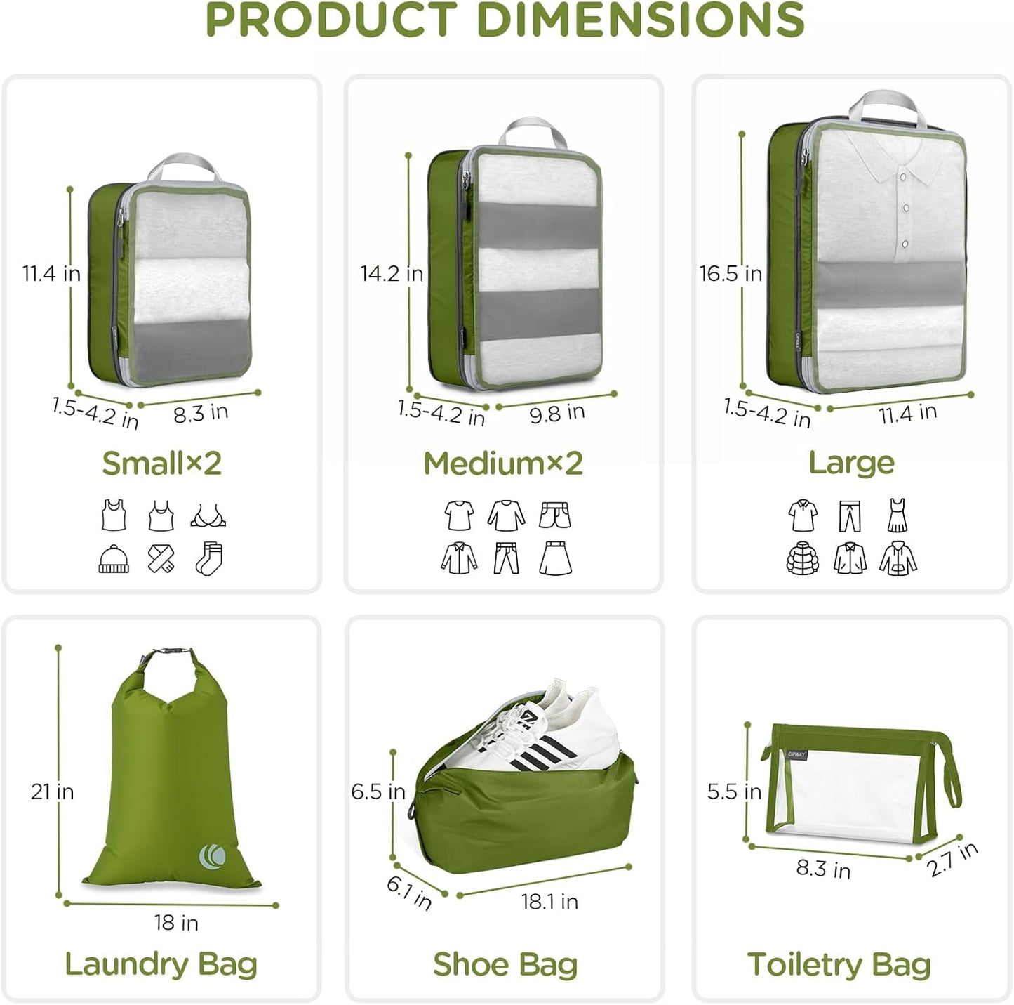 Cipway Compression Packing Cubes Mesh, Lightweight Luggage Organizer Bags with Laundry Bag,Toiletries Bag and Shoe Bag, Travel Essentials for Carry on Suitcase（8 Pcs,Green）
