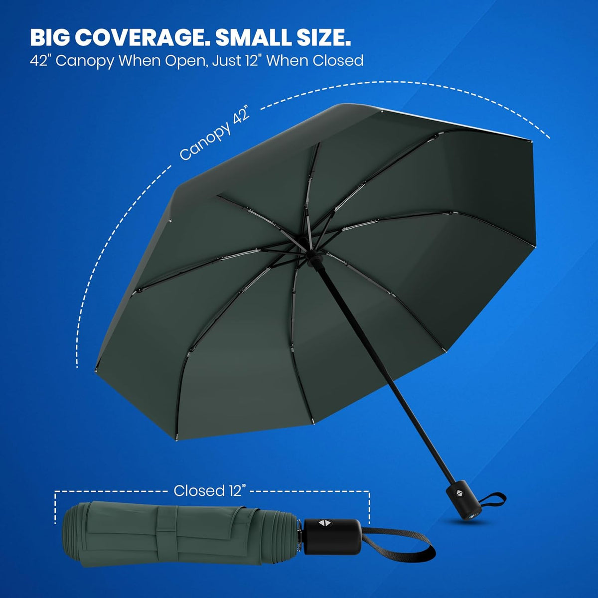 Rain-Mate Windproof Compact Umbrellas for Rain - Strong Reinforced Fiberglass Rib Design & Auto Open & Close - Portable Folding Travel Umbrella - Lightweight & Packable for Women & Men, Easy Collapse