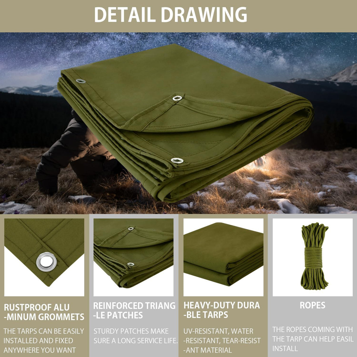 FoundGo Canvas Tarp 10x12ft Heavy Duty Waterproof Tarps with Grommets, UV Resistant, 22 Mil Tarpaulin,14 oz Durable Cloth Covers for Car, Roof, Boat, Camp, Canopy, Woodpile with Ropes-Moss