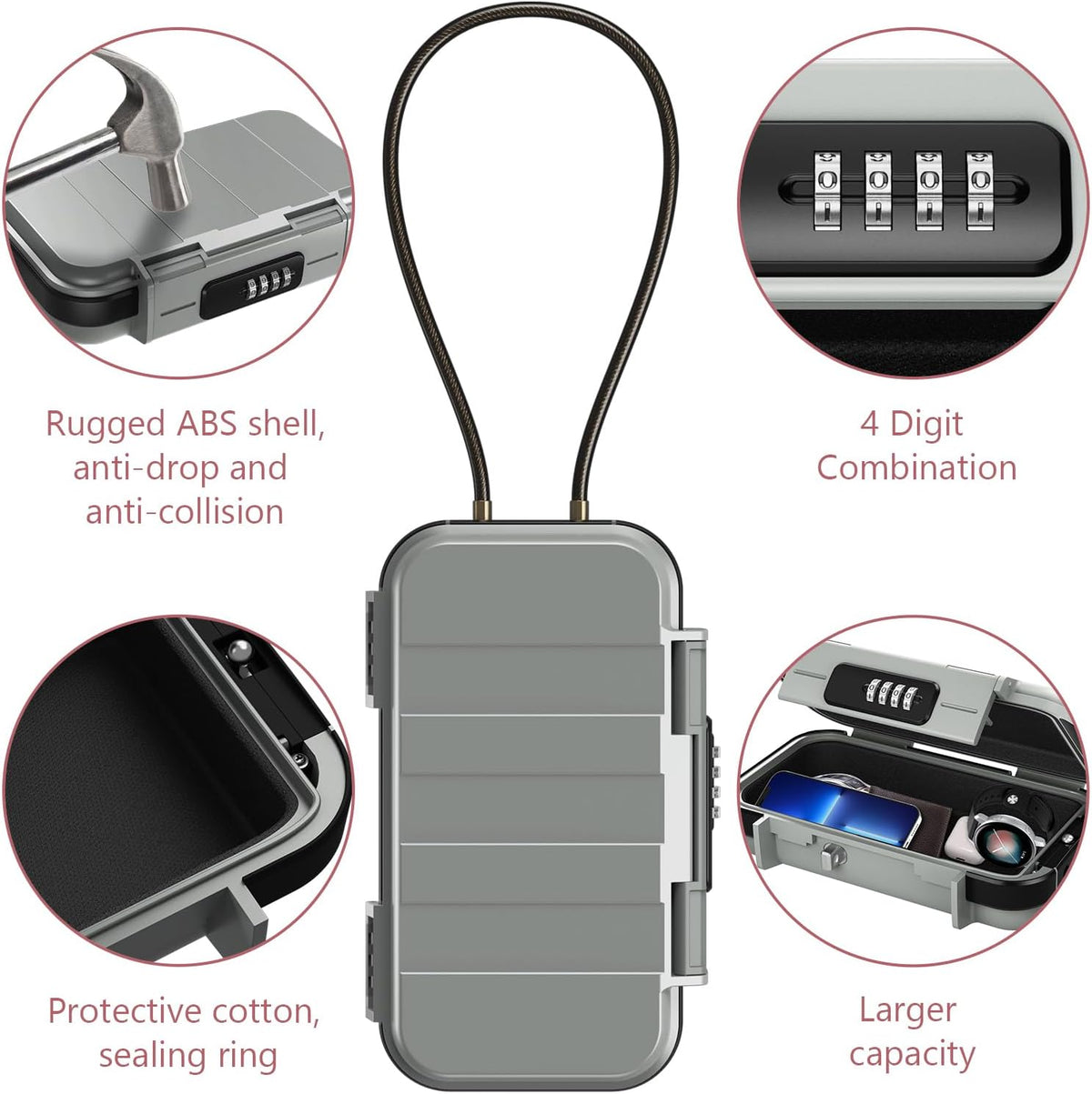 LOFICOPER Portable Safe Box, 4 Digit Combination Security Case, Waterproof Travel Lock Box, Small Beach Safe with Removable Chain, for Sports, Travel, Home, Office, Grey