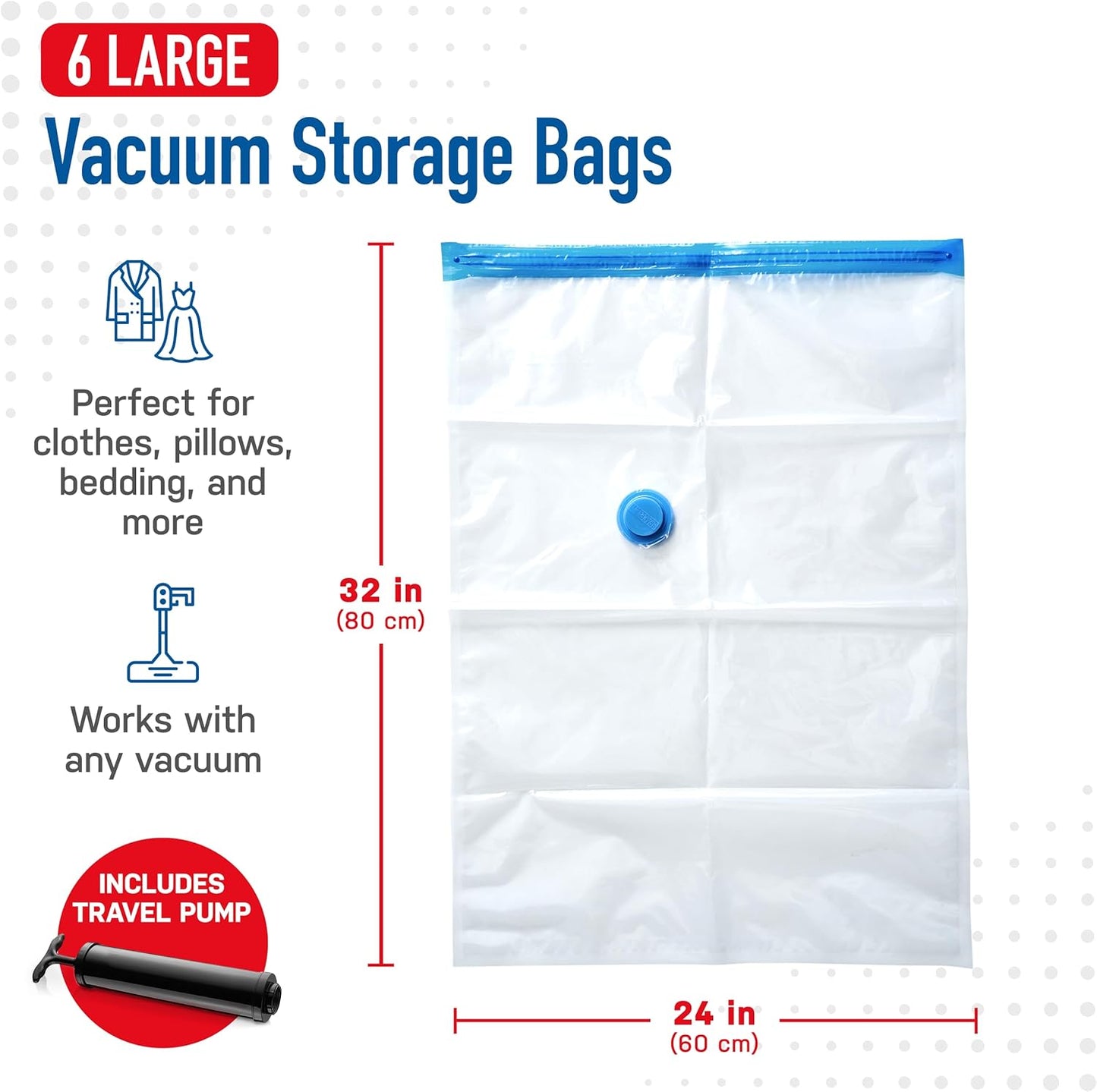 6 Pack Large Vacuum Storage Bags for Comforters, Blankets & Clothes – Vacuum Sealed Compression Bags with Hand Pump – Space Saver Storage Bags for Bedding, Moving, Travel & Organization