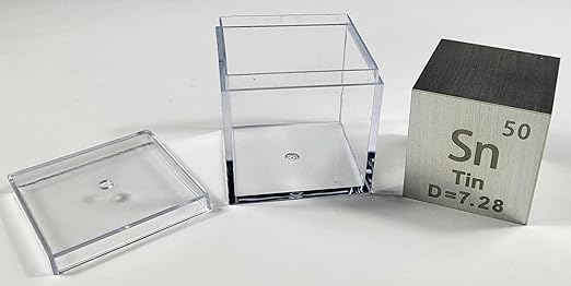 1.5" 38.1mm Tin Stannum Metal Cube Sn up to 99.9% Pure Periodic Table Element Engraved Density Collection Science Education Display Block Cube + Acrylic Case Box - 1PC