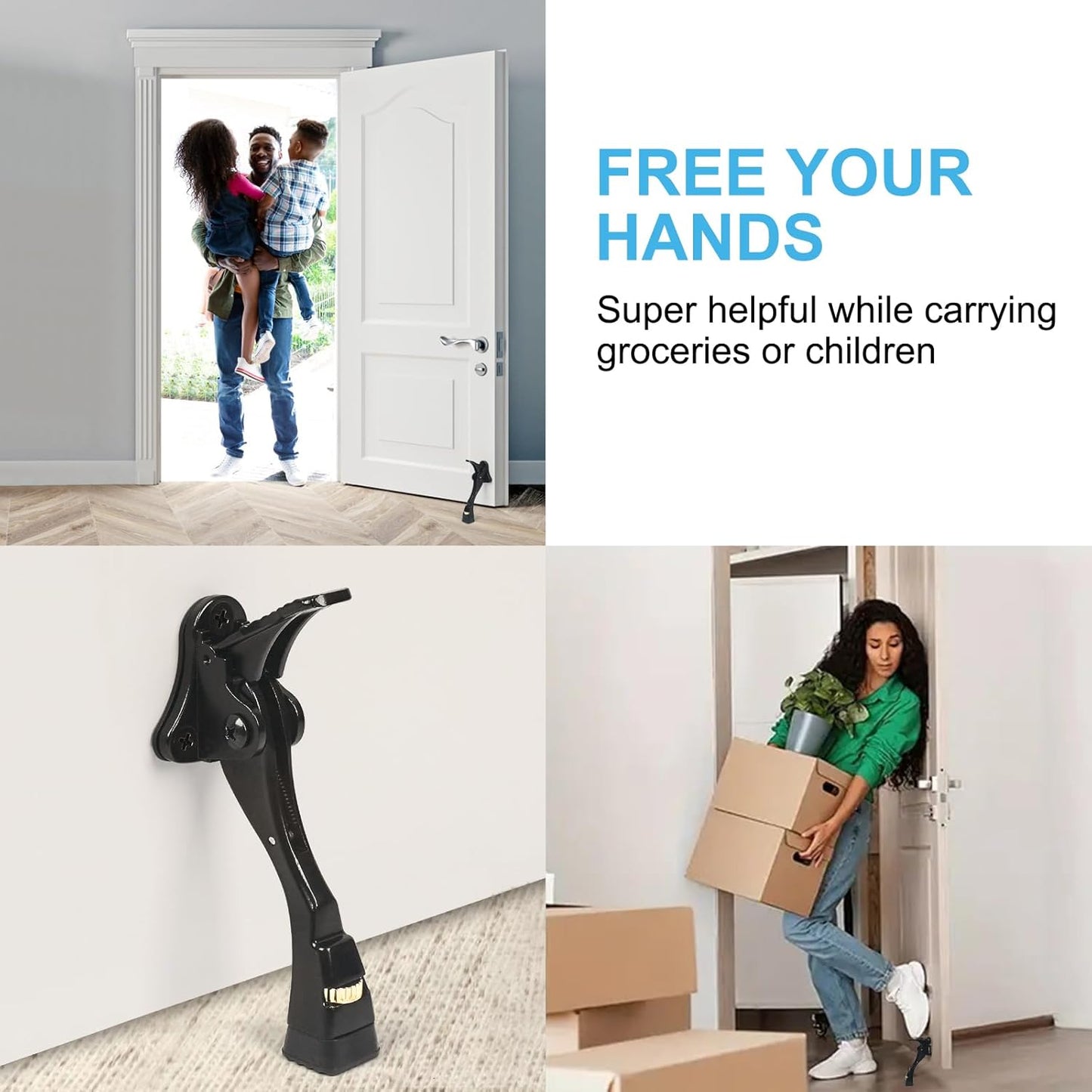 2 Packs Heavy Duty Kickdown Door Stopper, One Touch Adjustable Kickdown Door Stop for Heavy Doors, 4 in Metal Door Kickstand with Rubber Tip & Wall Protectors for Wide Doors- Black