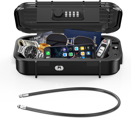 LOFICOPER Portable Lock Box, Beach Security Box for Travel, Anti-Theft 4-Digit Combination Lock Box, Cash Box with Removable Wire Rope for Dorm, Gym, Travel, Hotel, Office