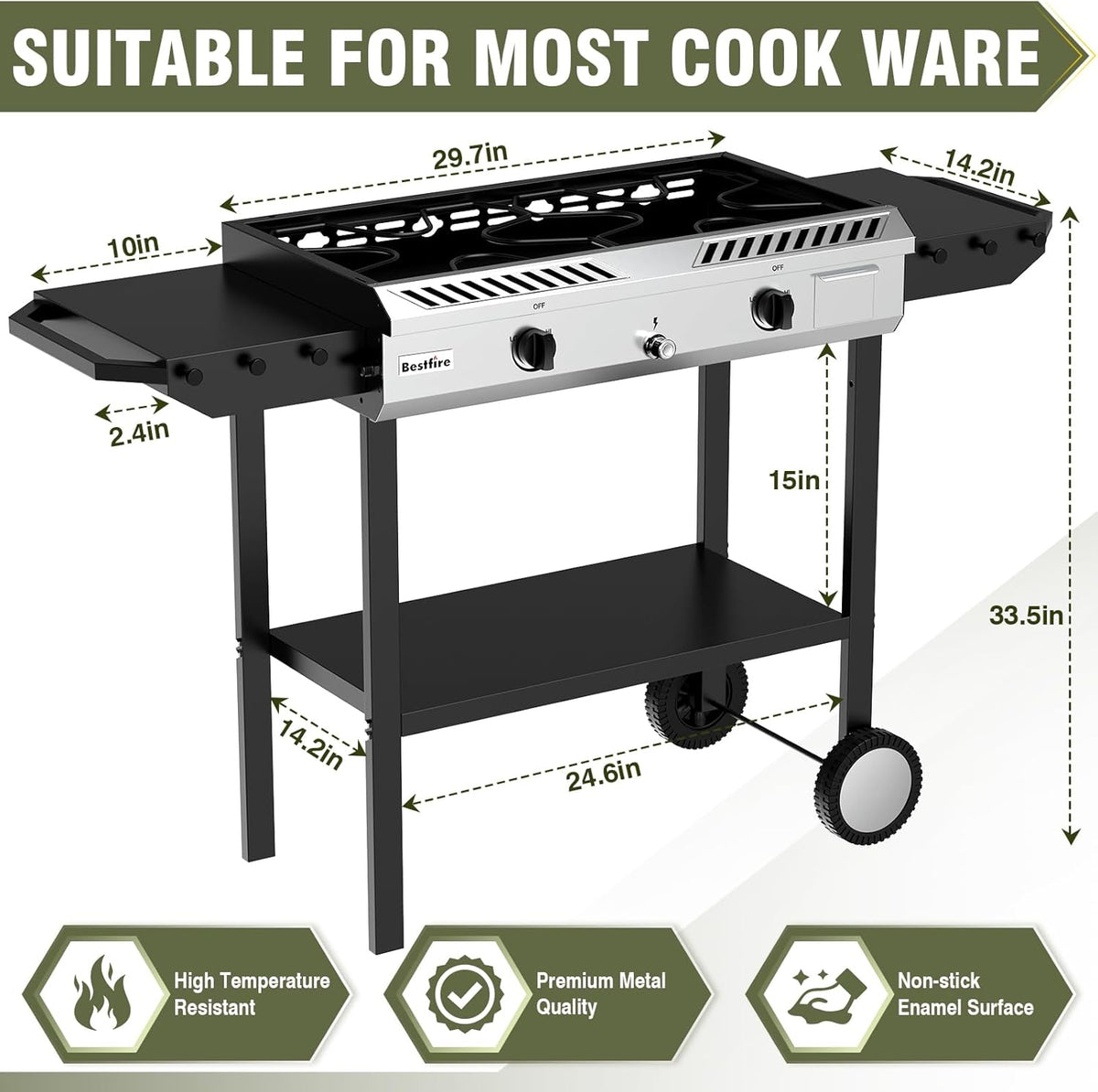 BESTFIRE 2 Burner Propane Gas Stove Outdoor Cooking Station – 150,000 BTU Double Cast Iron Burner with Auto Ignition, Regulator, Side Shelves & Wheels – Portable No-Windshield Design for Camping