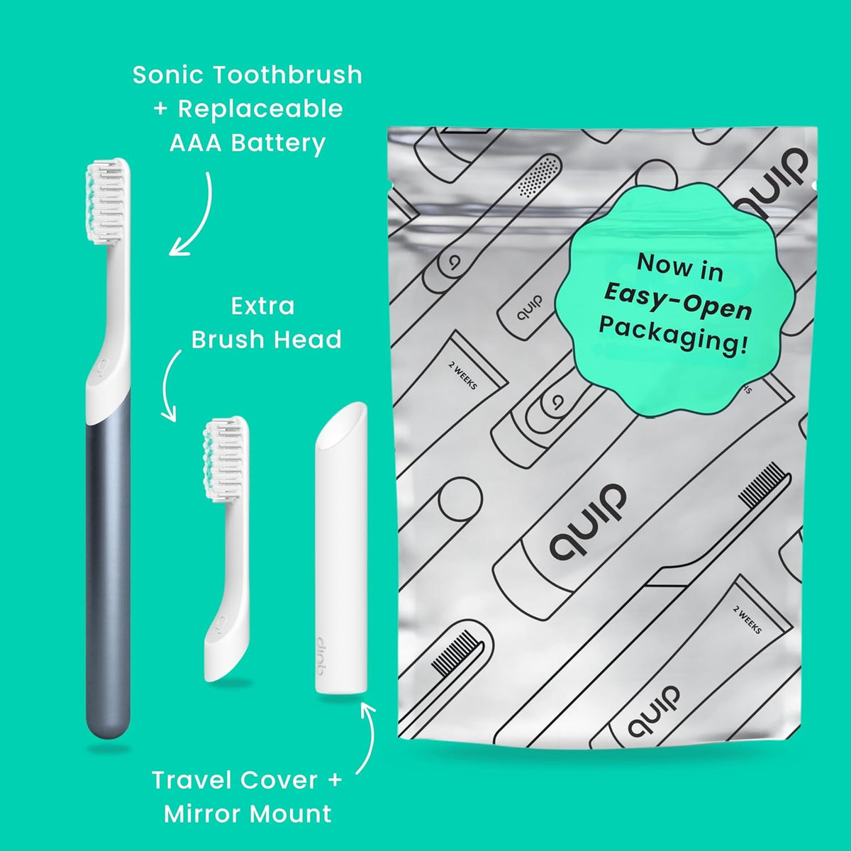 Quip Metal Sonic Toothbrush, Electric Toothbrush for Adults –Time Travel & Soft Bristles with Travel Case & Replaceable Brush Head -3-Month Battery Life - Twilight Faded Blue