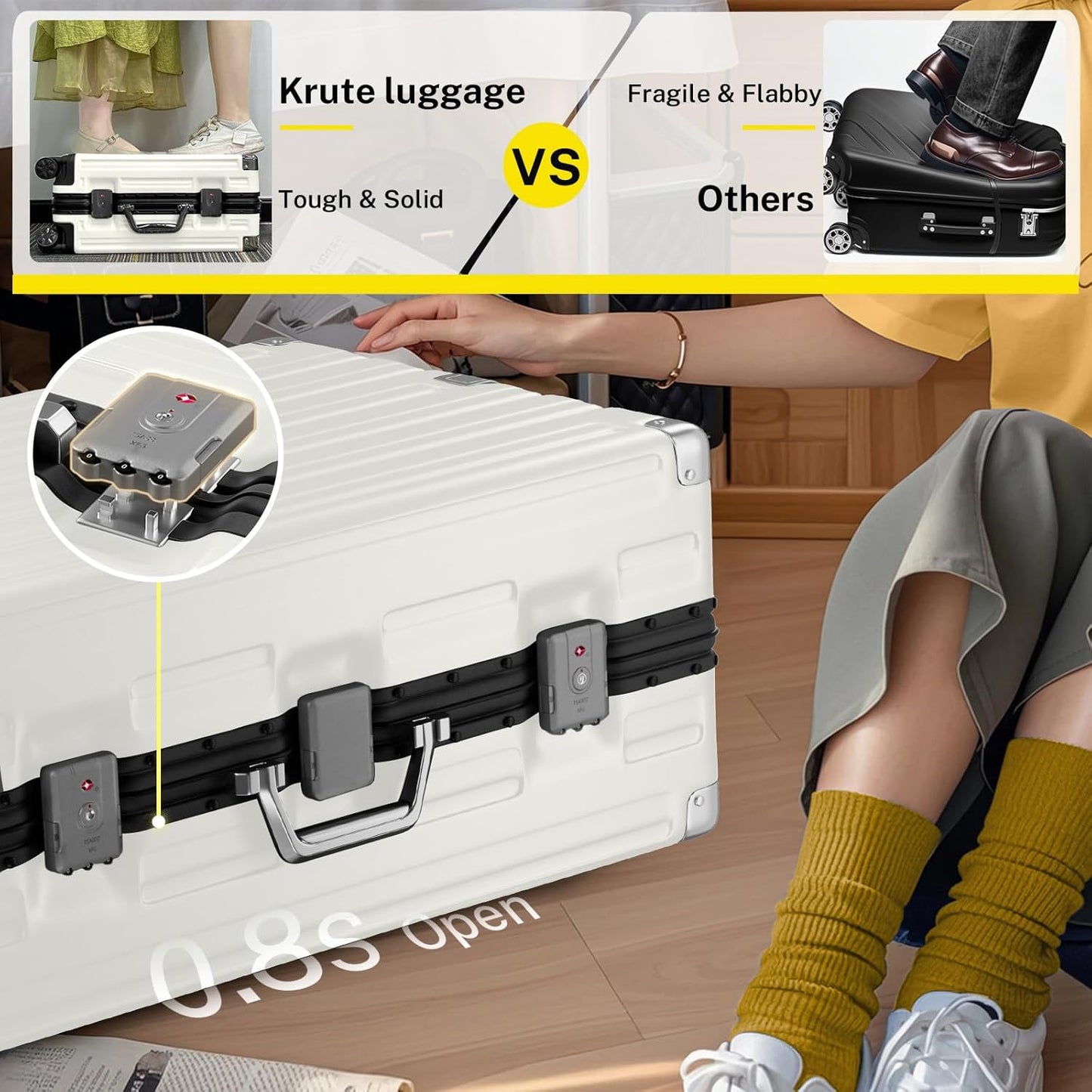 Krute Luggage 28 Inch Aluminum Frame Luggages TSA Lock No Zipper Checked Suitcase with Spinner Wheels Hard Shell Lightweight PC+ABS Large Suit Case