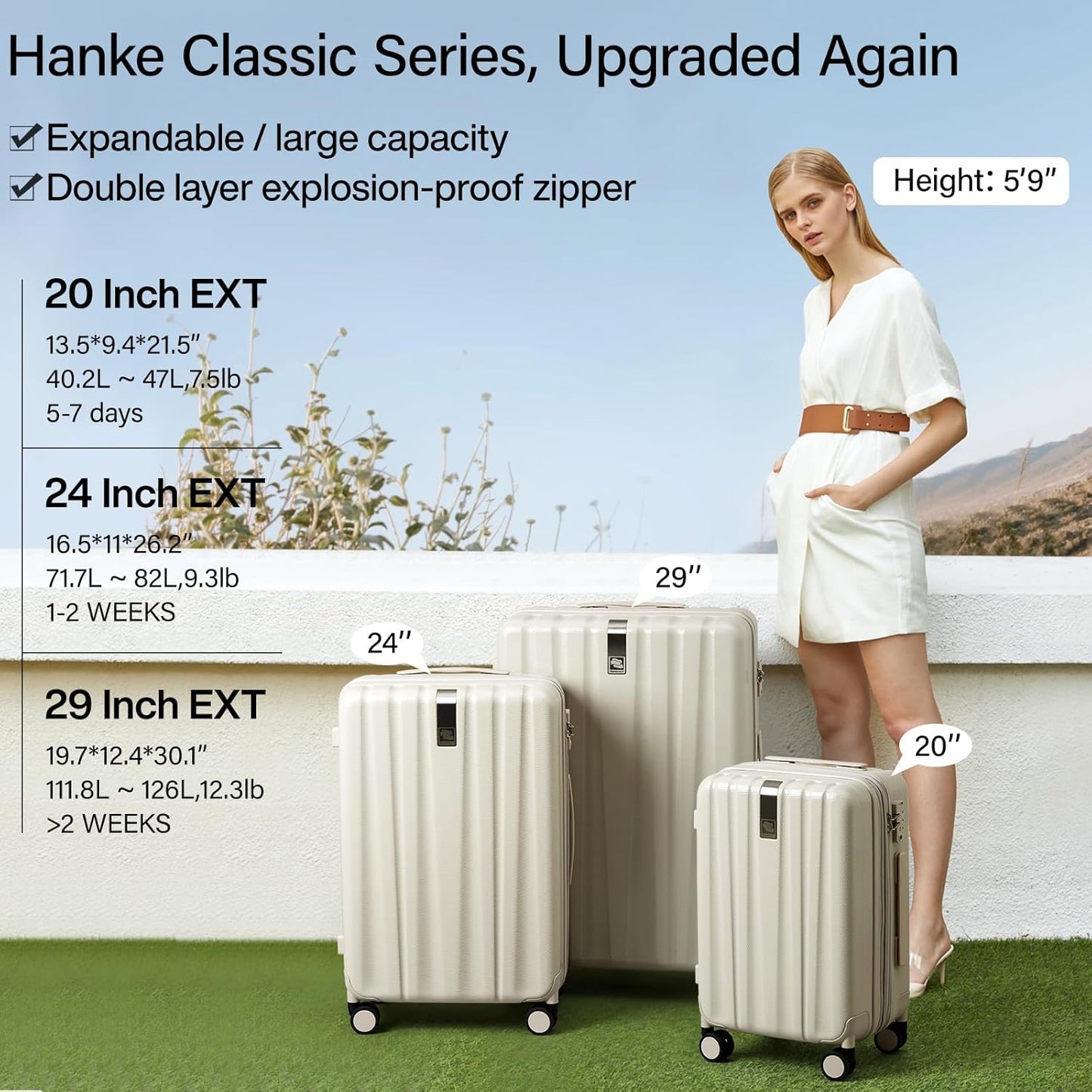 Hanke 29 Inch Expandable Checked Luggage Lightweight PC Hard Shell Luggage Suitcases with Wheels Travel Luggage Rolling Large Suitcase Travel Luggage Bag for Study Abroad.(Ivory White)