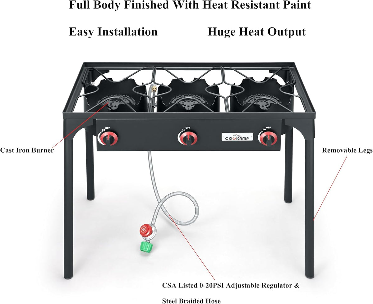 High Pressure Triple Propane Burner Outdoor Propane Camping Stove with 0-20 PSI Adjustable High Pressuer Regulator and Steel Braided Hose 3 Burner Stove Brewing Supply SA3500
