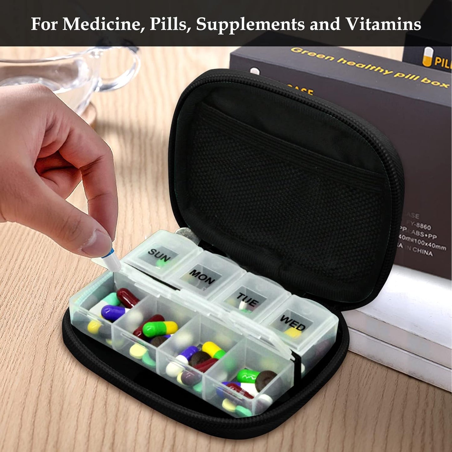 Serfeymi Weekly Travel Pill Organizer Pill Case for Purse with Removable 7 Day Pill Box, Fashionable Travel Medicine Organizer Pill Container for Medicine, Vitamin, Supplement - Brown 03
