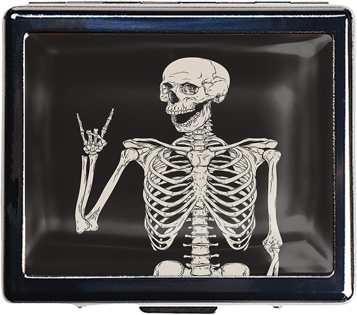 Silver Vintage Pill Box 7 Day Metal Pill Box with Mirror and 8 Compartments Cute Travel Pill Organizer for Purse (Rock and Roll Skull Skeleton)