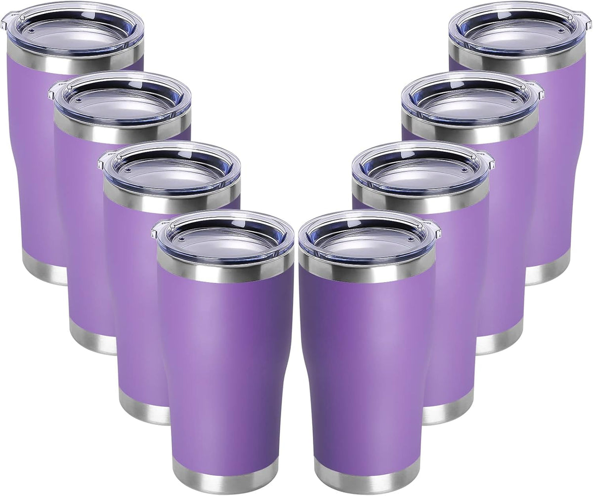 DOMICARE 20oz Tumbler with Lid Stainless Steel Tumblers Bulk, Double Wall Vacuum Insulated Coffee Travel Mug Powder Coated Tumbler, 8 Pack Purple