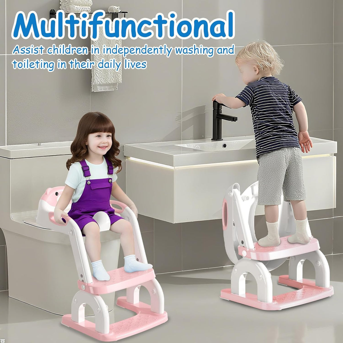 Potty Training Seat for Toddlers - Upgrade 2-in-1 Toilet Seat Toilet Ladder for Kids Children Boys Girls, Anti-Slip Pad & Adjustable Height with Waterproof PVC Cushion - Pink