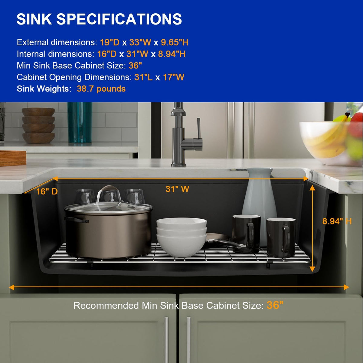 Dcolora 33 inches Granite Composite Kitchen Sink Workstation Black Undermount Single Bowl Large Kitchen Sink 33"W x 19"D x 10"H, DC-GU7743