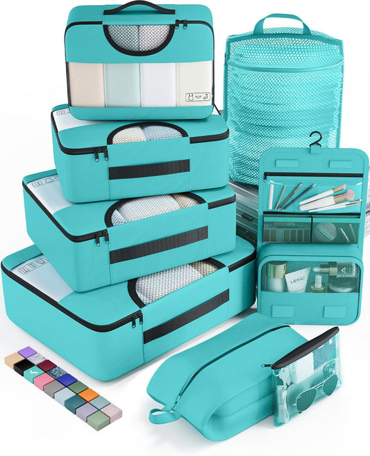 Veken 8 Set Packing Cubes for Kids & Toddler, Airplane Travel Essentials, Beach Vacation & Road Trip Suitcase Organizer Bags Set for Luggage, with Hanging Toiletry & Shoe Bag