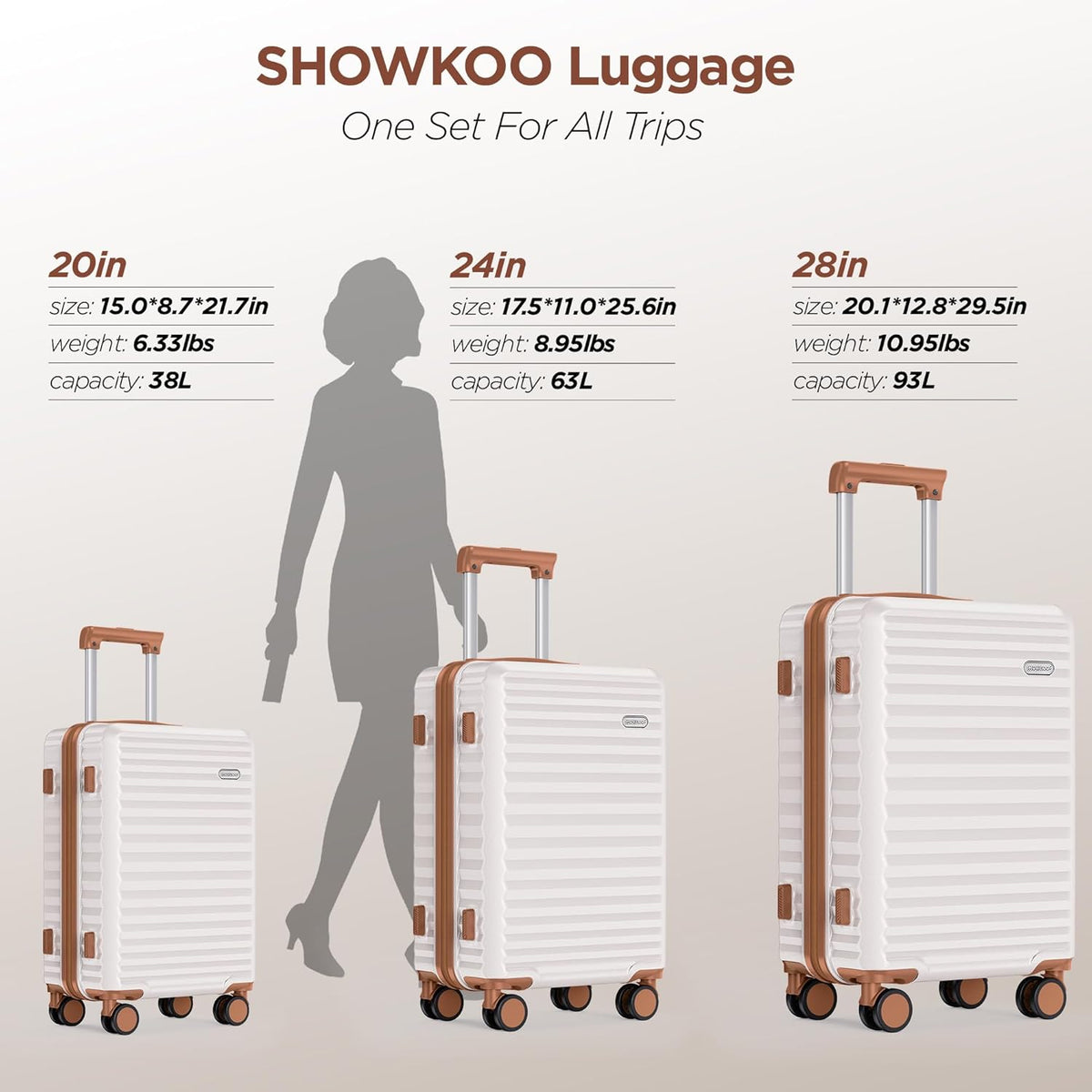 SHOWKOO Luggage Sets 3 Piece Hardside Expandable Suitcase with Double Spinner Wheels Tsa Lock Beige White (20in/24in/28)