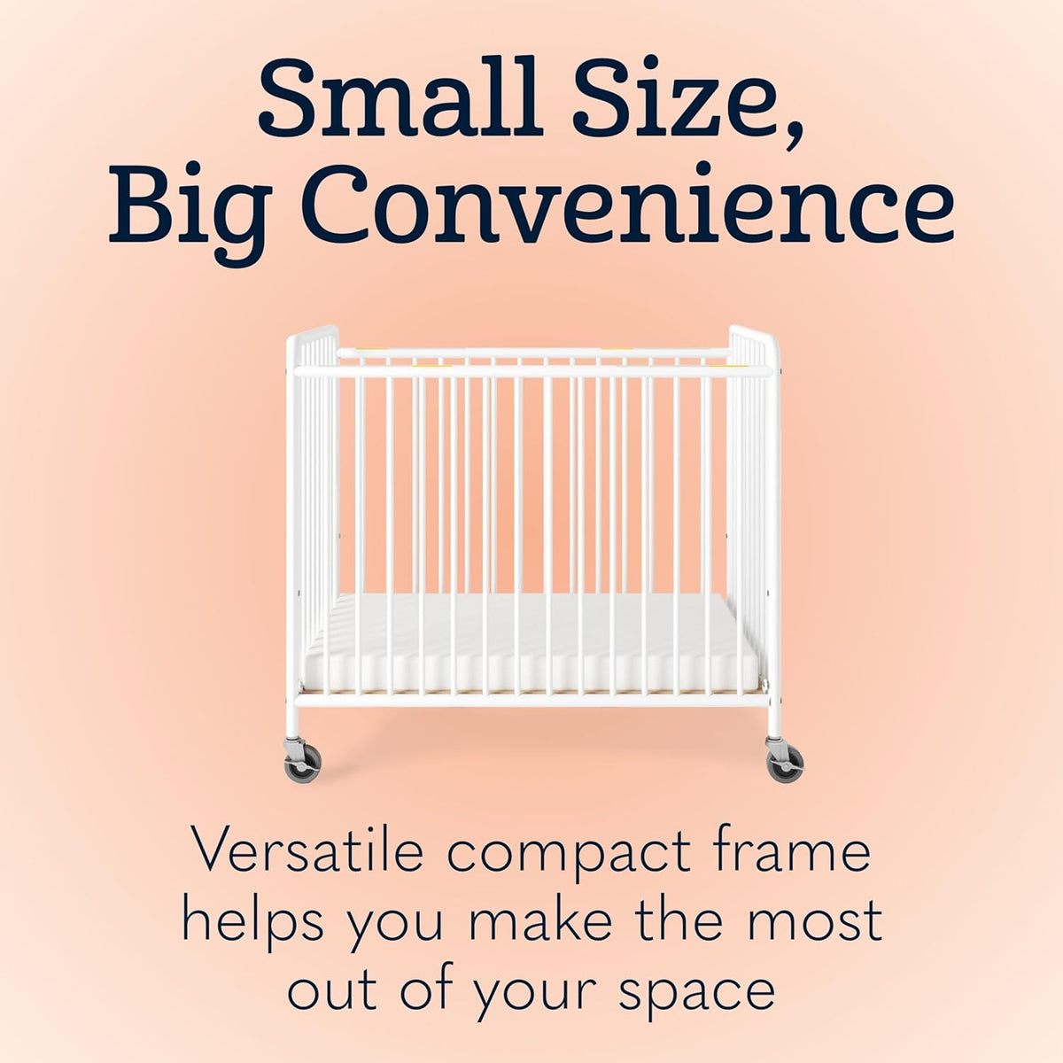 Foundations Chelsea Clearview Metal Compact Daycare Crib, 3" Casters, Compact Mini Size, Easy to Clean Durable Finish, Adjustable to Two Heights Mattress Board (White)
