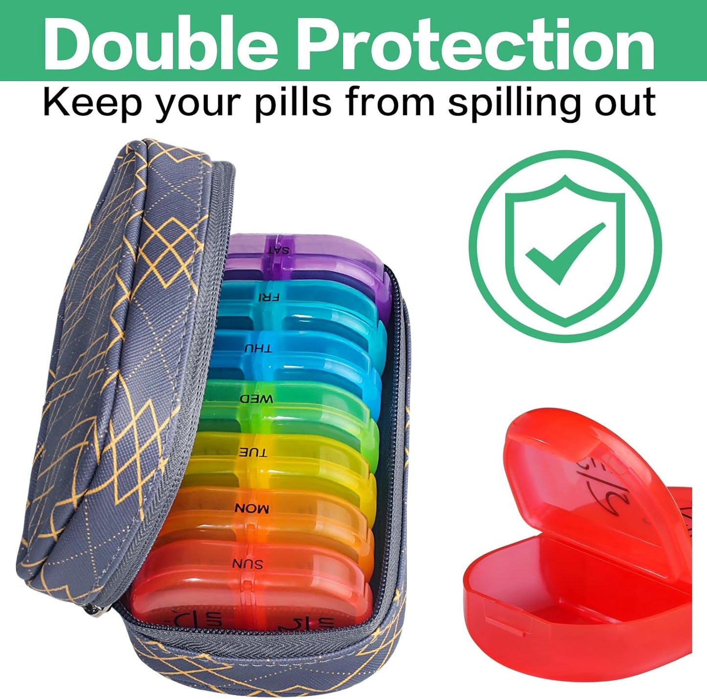 Serfeymi Weekly Travel Pill Organizer 2 Times A Day AM PM Upgraded Rainbow Pill Box 7 Day with Portable Zipper PU Leather Pill Case, Medicine Organizer for Pills, Vitamins, Fish Oils - Lines 01