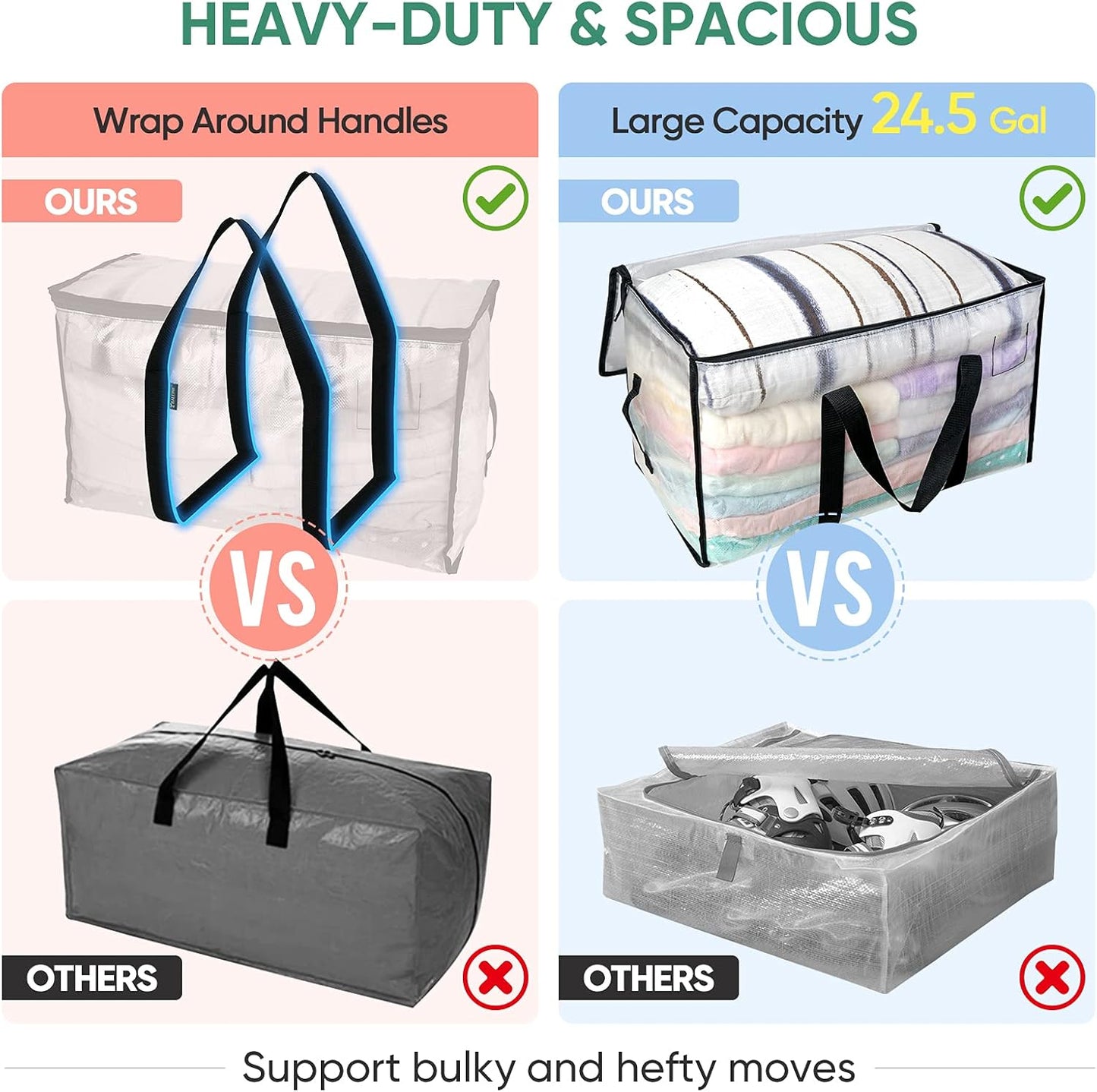 BALEINE 2-Pack Oversized Moving Bags with Reinforced Handles, Heavy-Duty Storage Tote for Clothes, Moving Supplies (Clear, 2-Pack)