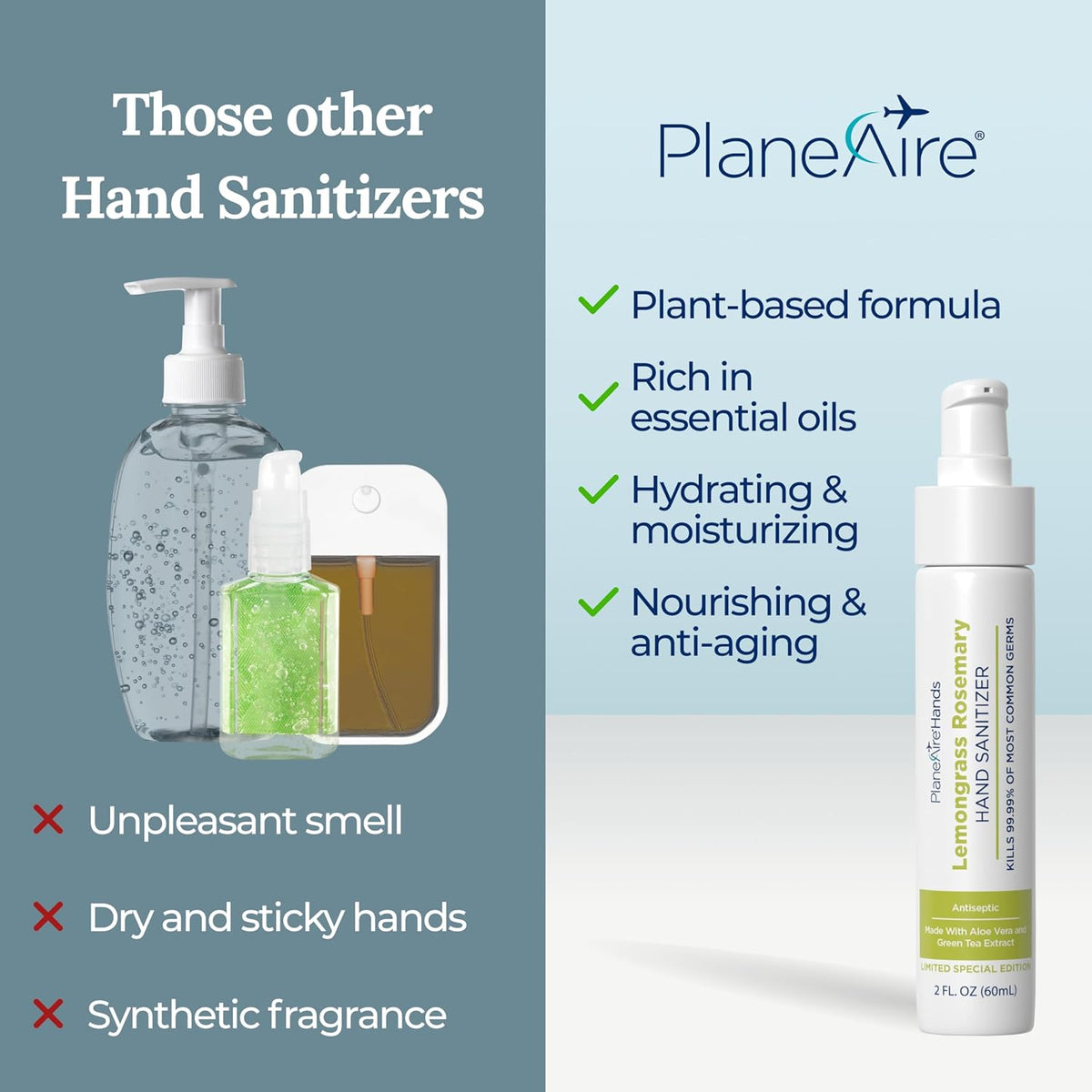 Fresh & Invigorated Variety 3pk Hand Sanitizer | Lemongrass Rosemary Lotion, 3-Mint Gel, Herbal Spray | Travel Size | Made with Aloe Vera & Essential Oils | Rich in Vitamin E | Hydrate & Cleanse