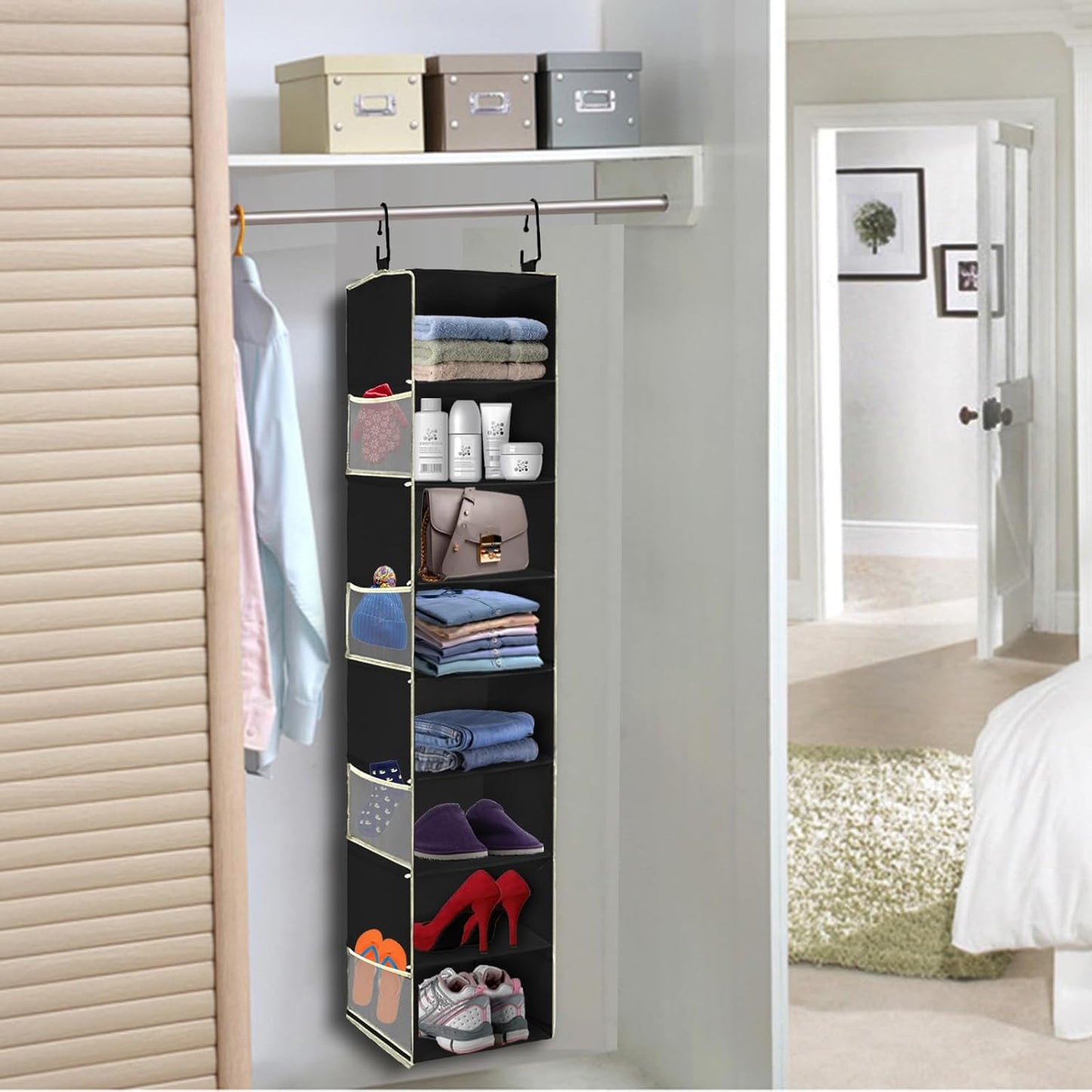 2 Pack Large-Sized Hanging Shoe Organizer 8-Shelf, Hanging Closet Organizer with 8 Side Pockets, Wider Hanging Shelves for Storage Shoes Clothes 9" W × 11.8" D× 48" H, Black.