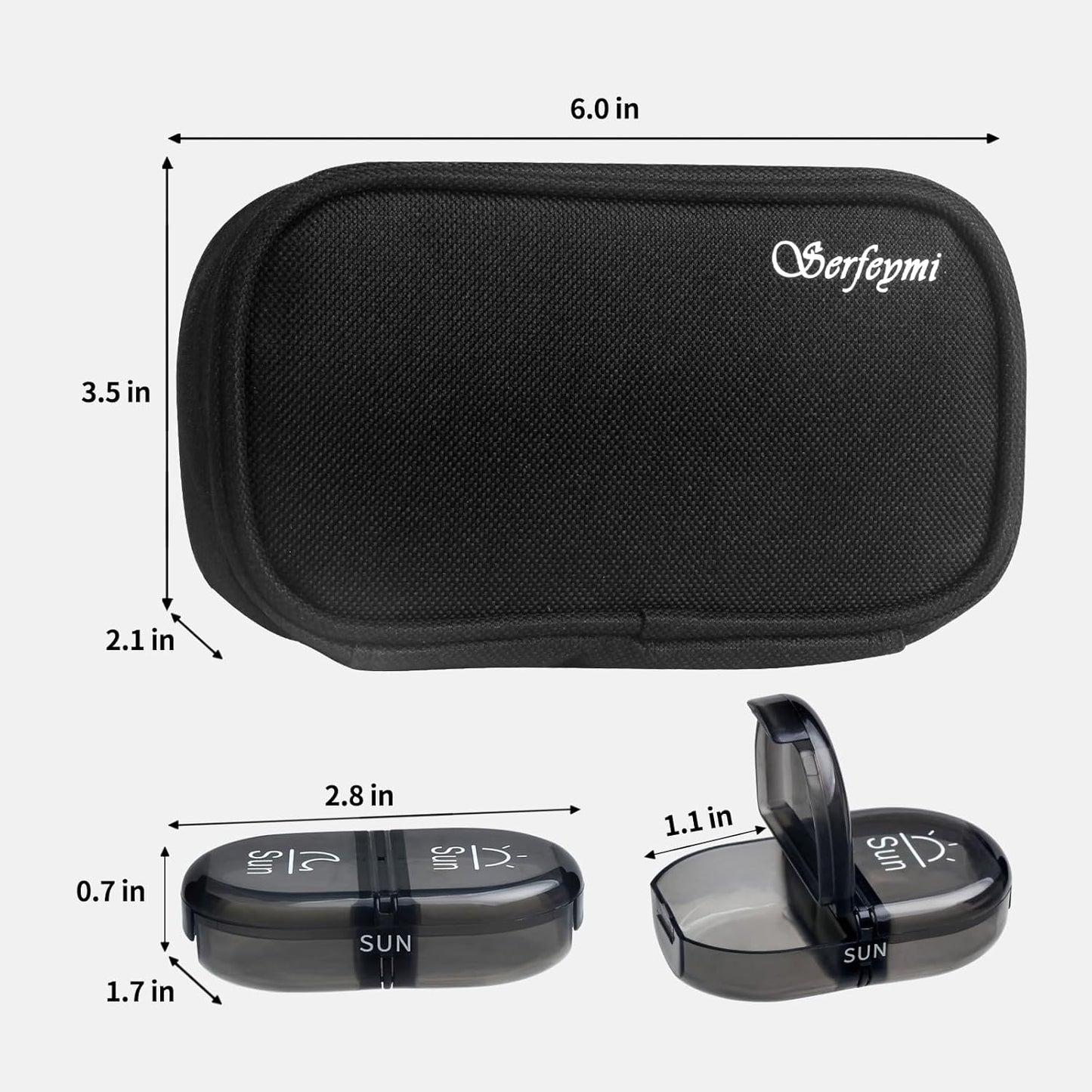 Serfeymi Weekly Travel Pill Organizer 2 Times A Day AM PM Upgraded Black Pill Box 7 Day with Portable Zipper Canvas Pill Case, Medicine Organizer for Pills, Vitamins, Supplements, Fish Oils - Black 01