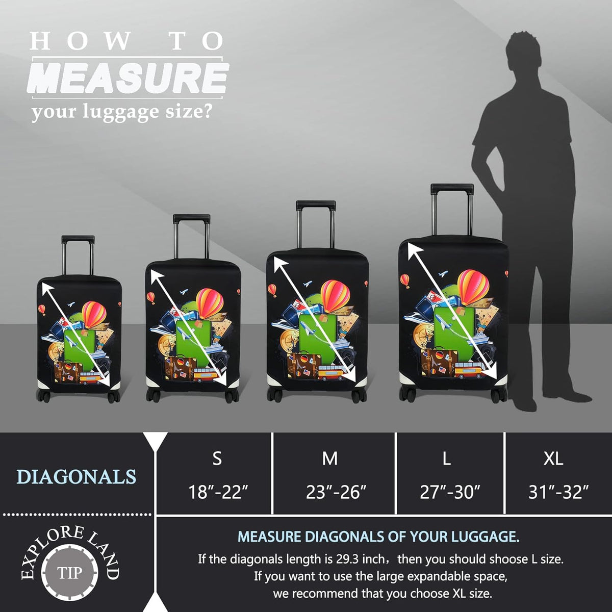 Explore Land Luggage Cover Suitcase Protector Fits 31-32 Inch Case (Travel, XL)