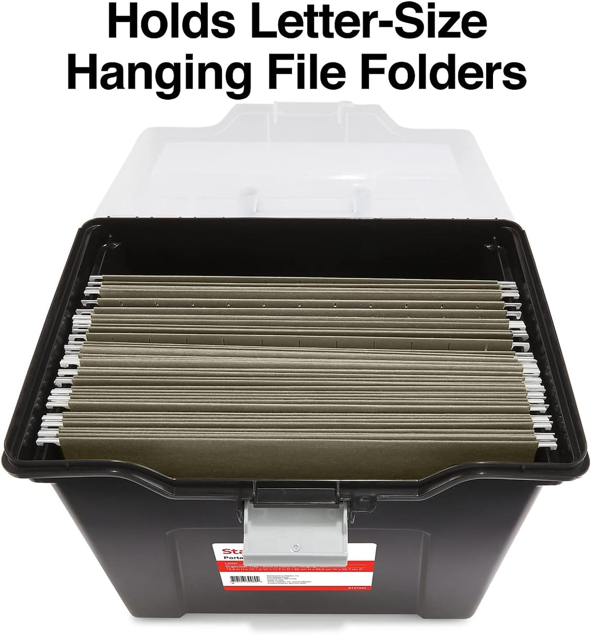 STAPLES File Folder Tote, Portable Filing Box, Letter Size Hanging Folders, Security Latch & Built-In Lid Organizer, Black/Clear