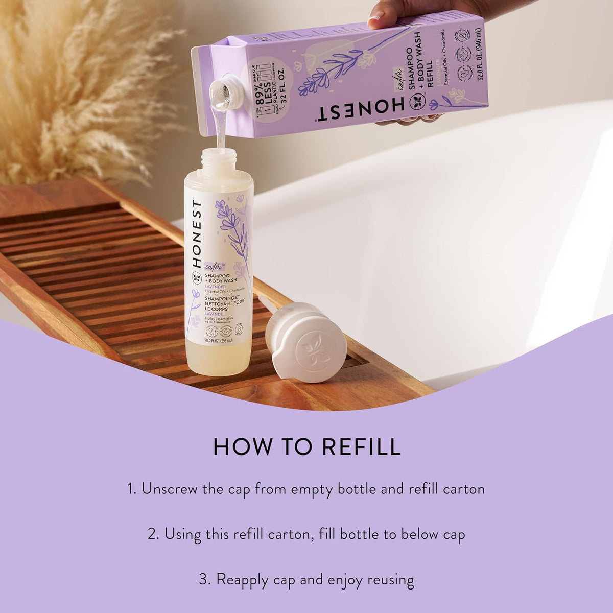 The Honest Company 2-in-1 Cleansing Shampoo + Body Wash Refill Carton | Gentle for Baby | Naturally Derived, Tear-free, Hypoallergenic | Lavender Calm, 32 fl oz
