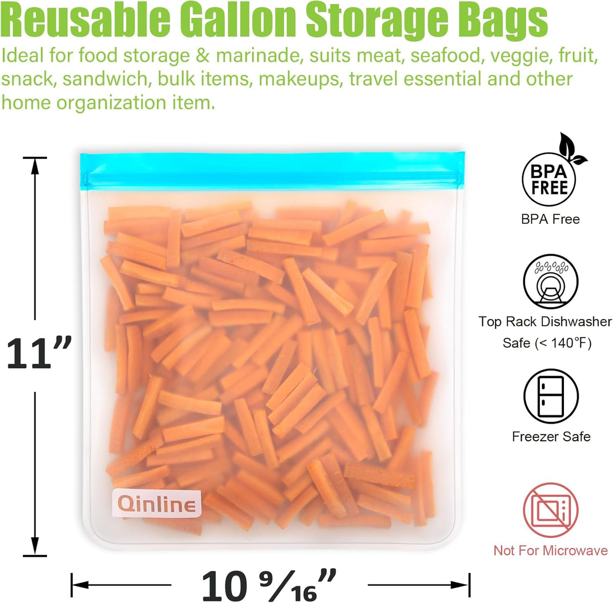 Reusable Gallon Food Storage Bags - 10 Pack Extra Thick Reusable Gallon Freezer Bags Leakproof Plastic Free Lunch Bag