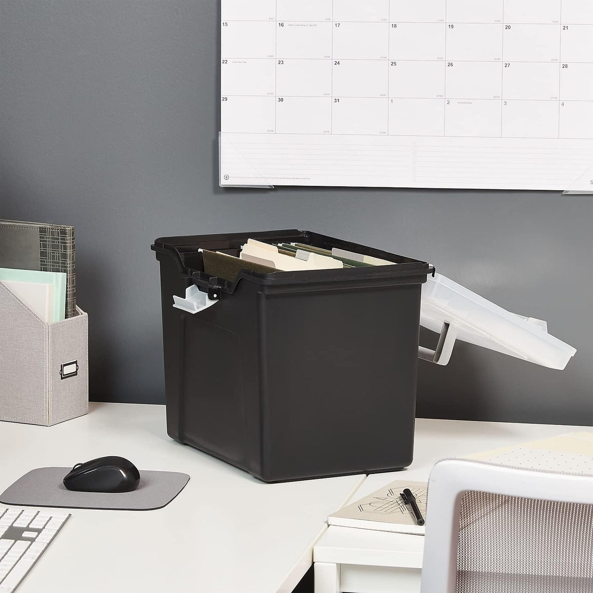 STAPLES File Folder Tote, Portable Filing Box, Letter Size Hanging Folders, Security Latch & Built-In Lid Organizer, Black/Clear