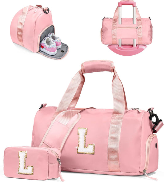 7 Year Old Girl Birthday Gifts Granddaughter-Girl Gym Bag with Shoe Compartment, Kid Personalized Weekender Overnight Bags, Travel Tote with Makeup Pouch, Niece Girls Birthday Gift (Letter L)