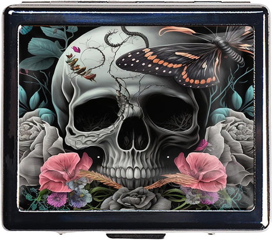 Silver Vintage Pill Box 7 Day Metal Pill Box with Mirror and 8 Compartments Cute Travel Pill Organizer for Purse (Butterfly Bush Skull)