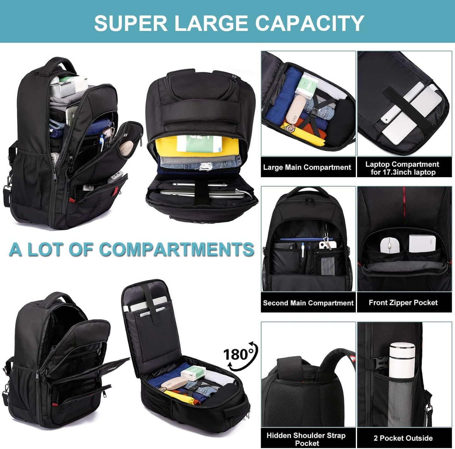 Rolling Backpack, Large Backpack with Wheels for Men Women Adults, 17inch Waterproof Wheeled Travel Laptop Backpack Carry on Luggage Bag Trolley Suitcase Business College School Computer Bookbag,Black