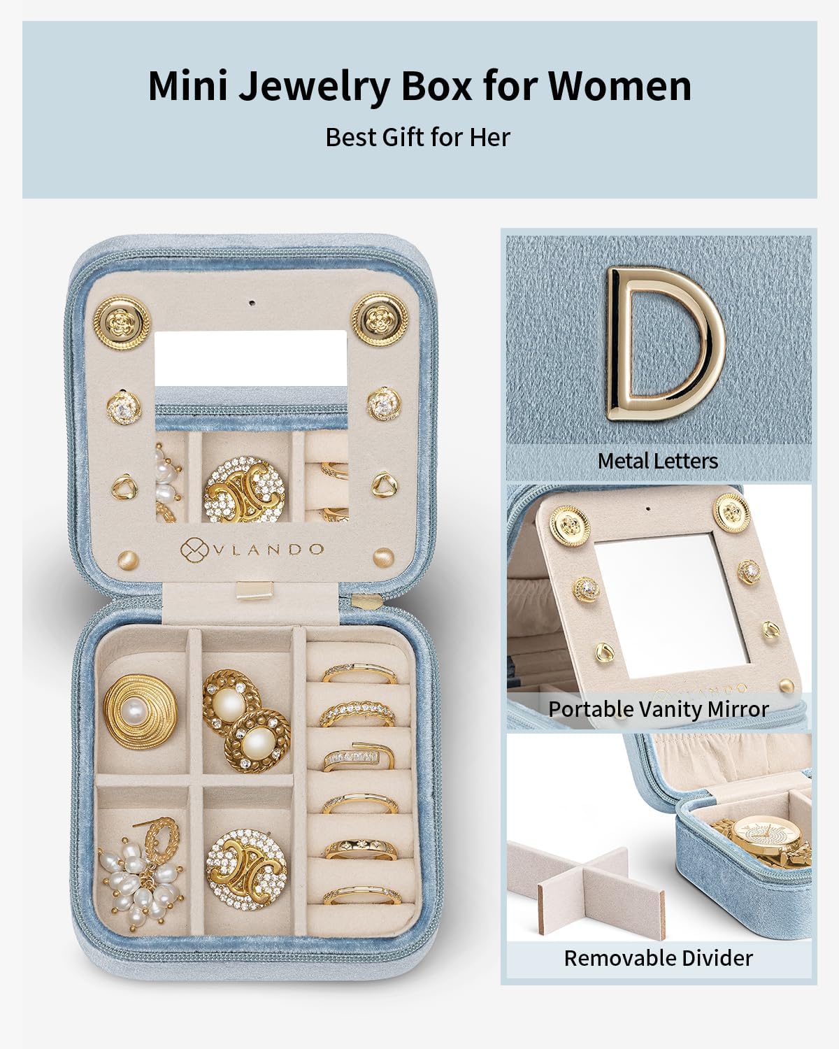 Vlando Wedding Gifts for Women, Jewelry Box, Bridal Shower Gifts, Bridesmaid Gifts for Wedding Day Bride Gifts, Personalized Jewelry Case - Letter D, Blue