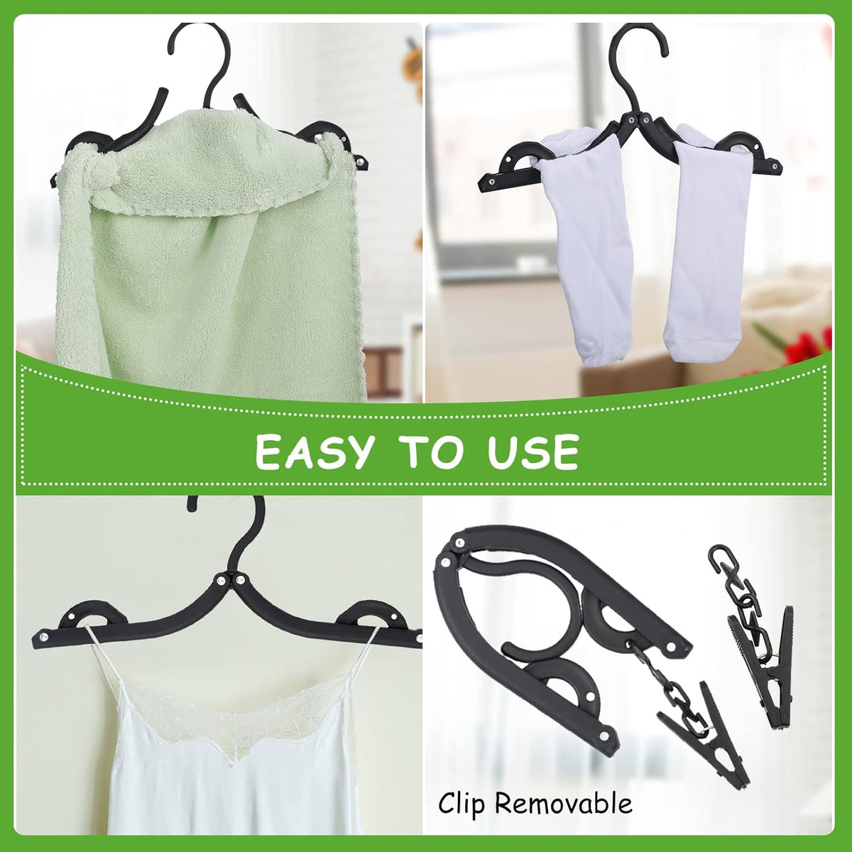 Folding Travel Hangers Foldable with Clips Folding Clothes Hangers Portable Foldable Hangers Collapsible Coat Hanger Travel Drying Rack for Clothes (Black, 12 Pieces)