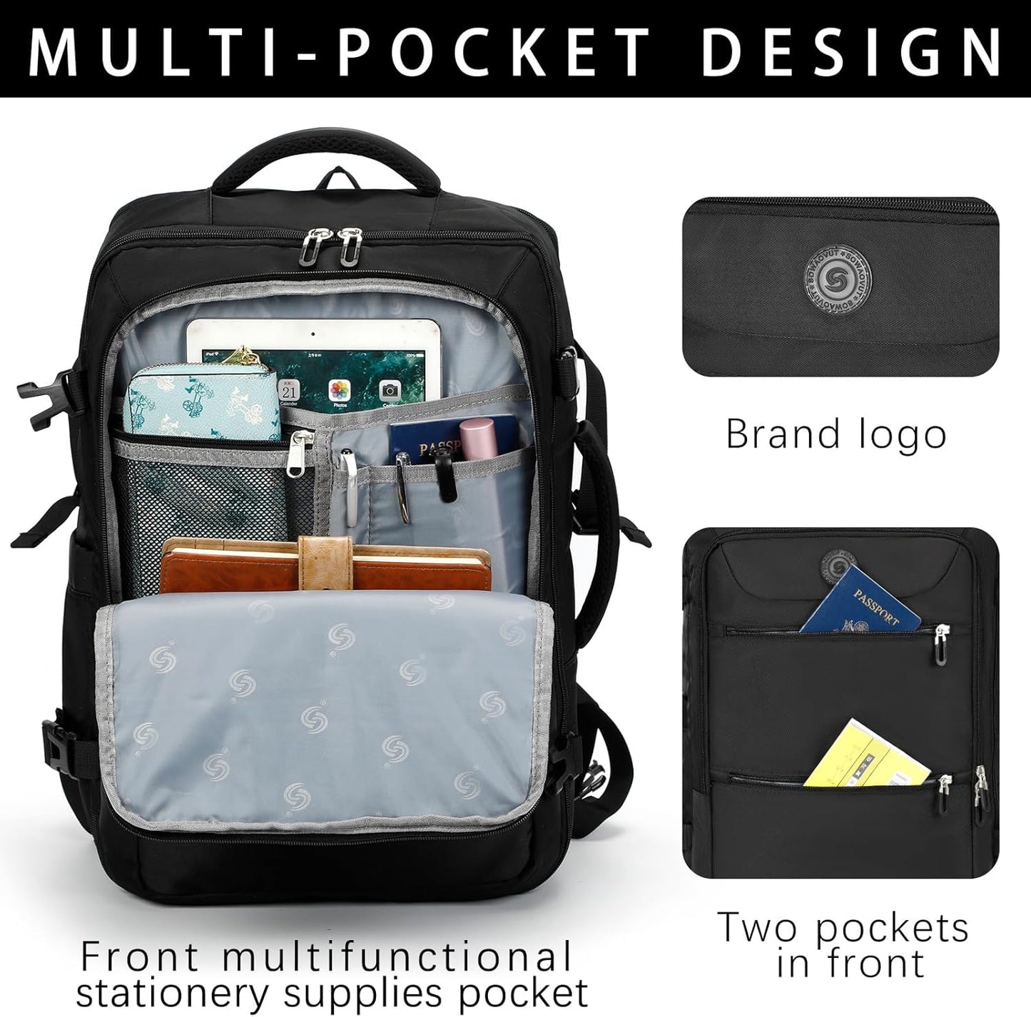 Sowaovut Travel Laptop Backpack, Extra Large High School College Backpacks, Flight Approved Daypack Business Bag Fit 17.3 inch Laptop for Men Women (Black)