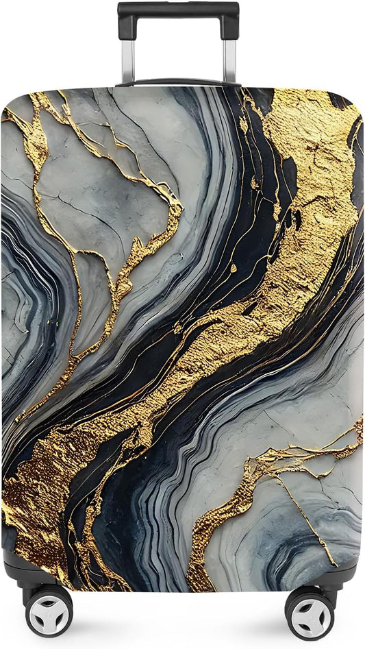 ANNA QUEEN Luxury Marble Gold Luggage Cover, Elegant Black & Grey Suitcase Protector with Faux Gold Vein Design, Stretchable, Washable Spandex Cover for 28-30 Inch Luggage