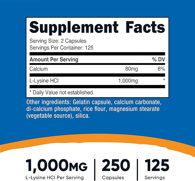 Nutricost L-Lysine 1000mg, 250 Capsules - 500mg Per Cap, Gluten Free, Non-GMO