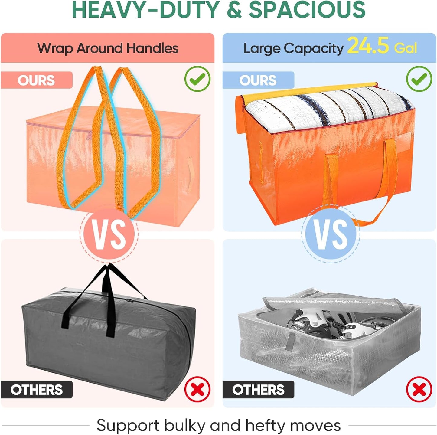 BALEINE 2-Pack Oversized Moving Bags with Reinforced Handles, Heavy-Duty Storage Tote for Clothes, Moving Supplies (Orange, 2-Pack)