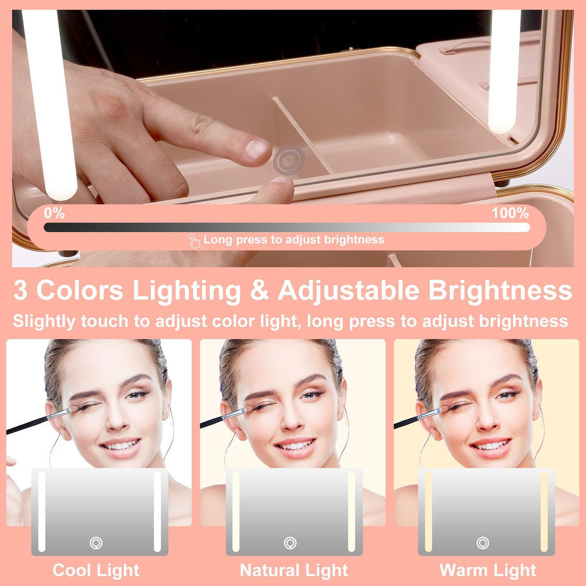 Mocado Travel Makeup Case with Lighted Mirror, 8 Makeup Brushes & 10x Magnifying Mirror, Cosmetic Case with Adjustable Brightness, White