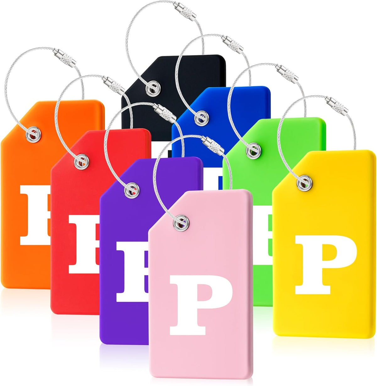 8 Pcs Luggage Tags for Suitcases, 26 Initial Letter Travel Luggage Baggage Identification Labels ID Tags Fully Bendable Tags with Stainless Steel Loop (Letter P, Colorful)